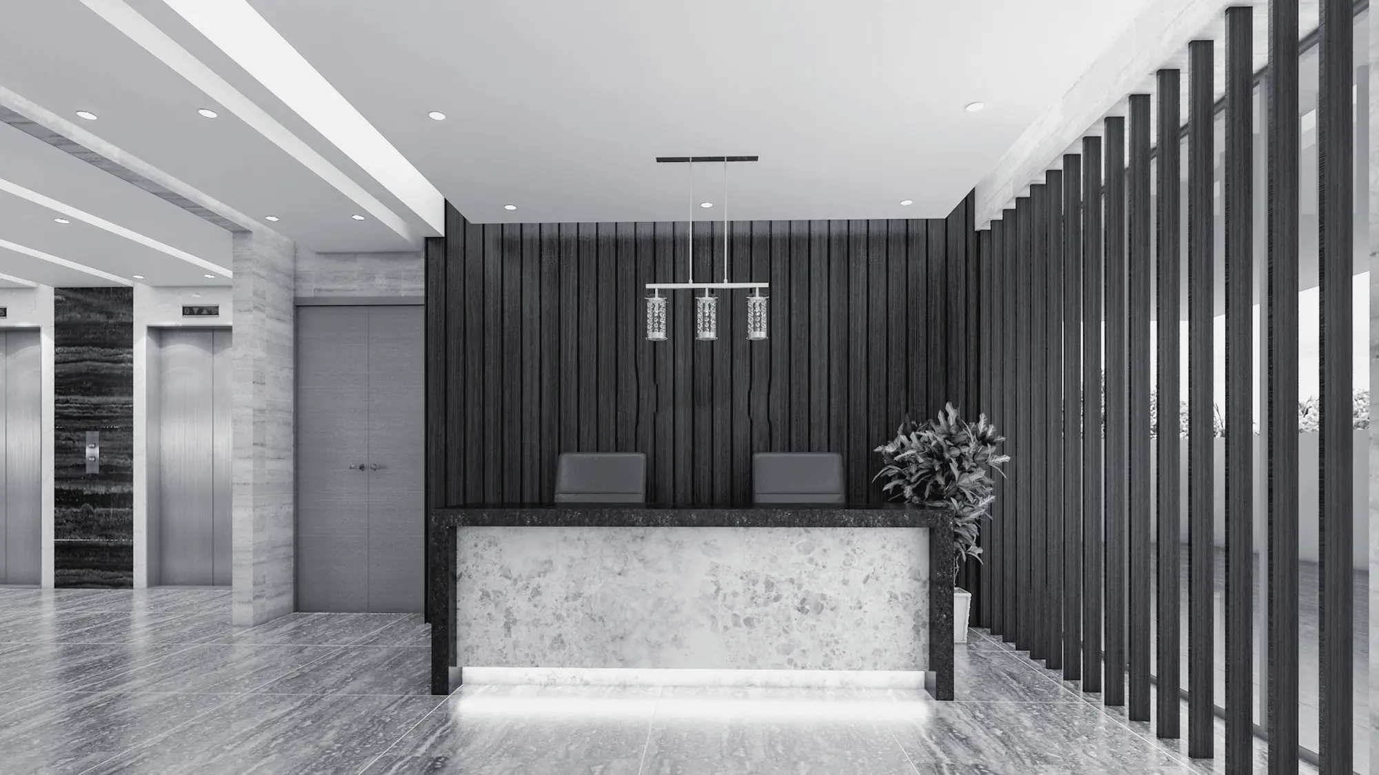 Quiet stone hotel lobby with a seating group and a band of light